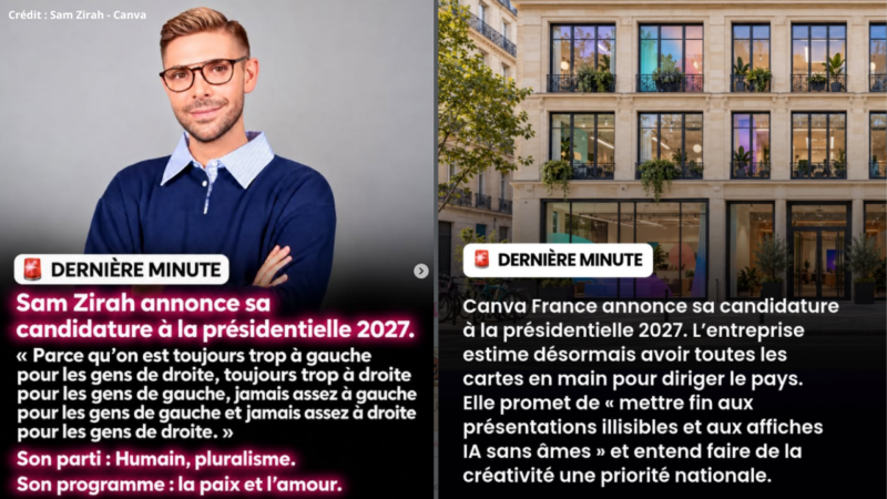 Canva, Sam Zirah… Ils détournent les codes d&rsquo;Hugo Décrypte pour annoncer leur fausse candidature à l&rsquo;élection présidentielle